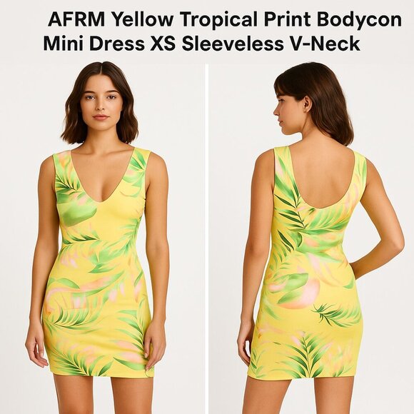 AFRM Yellow Tropical Print Bodycon Mini Dress XS Sleeveless V-Neck - Picture 1 of 8